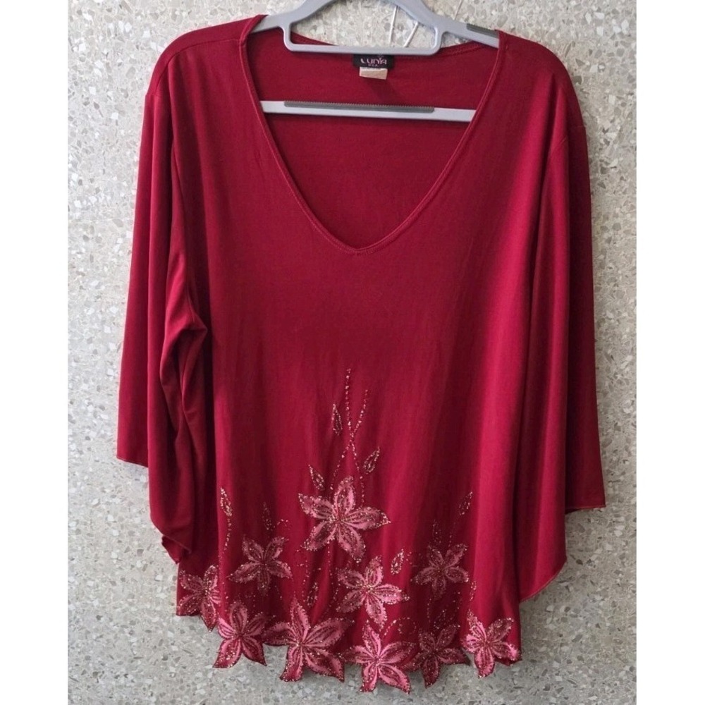 Luna USA 2X Red Embellished‎ Floral Beaded Blouse Tunic Top Made in USA